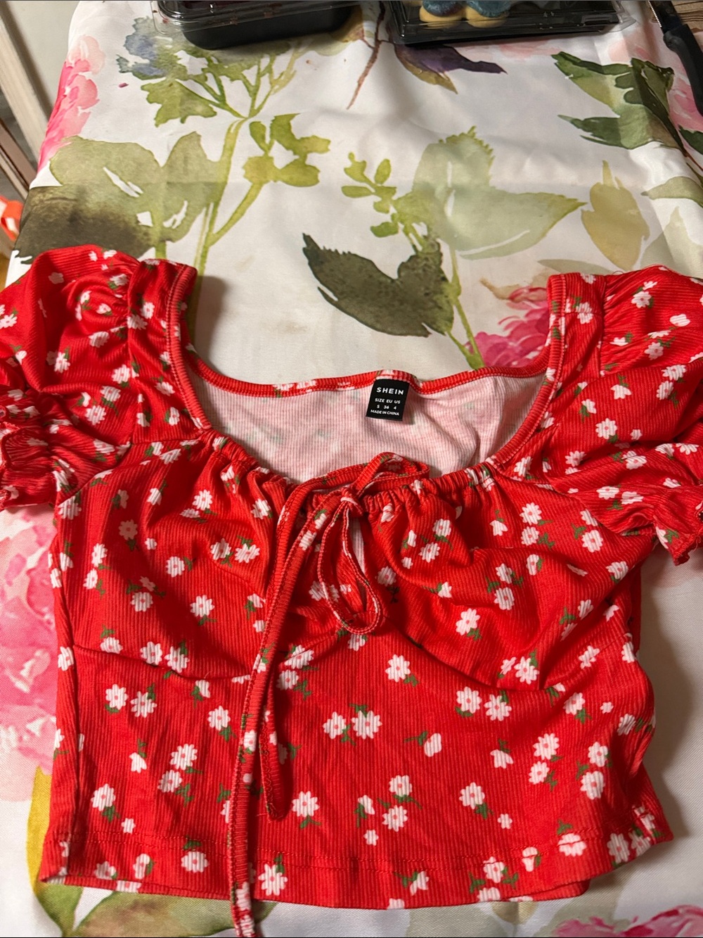 SHEIN Red Floral Tie-Front Crop Top for Kids